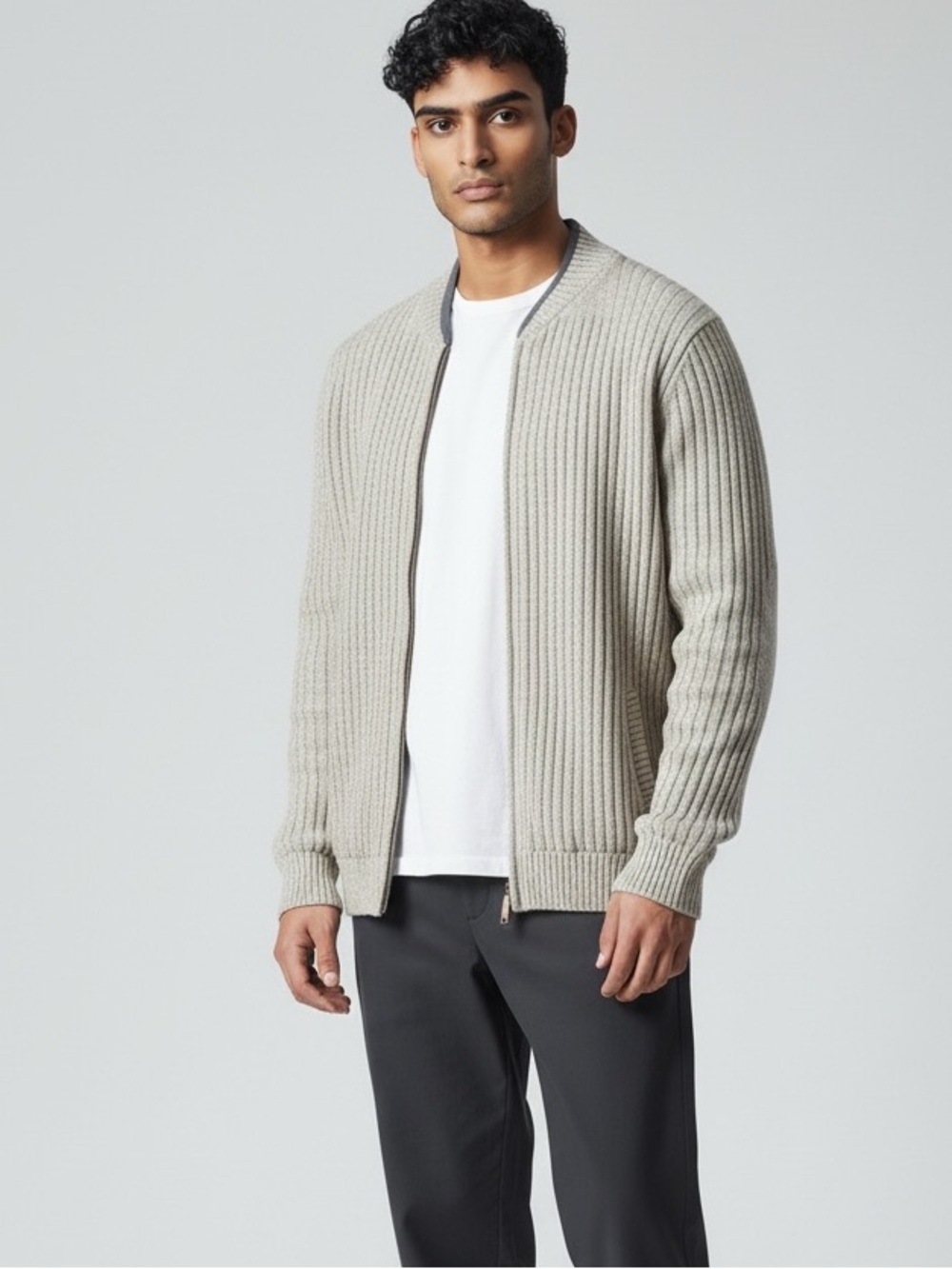 Duluth Trading Co Light Gray Ribbed Zip-Up Sweater